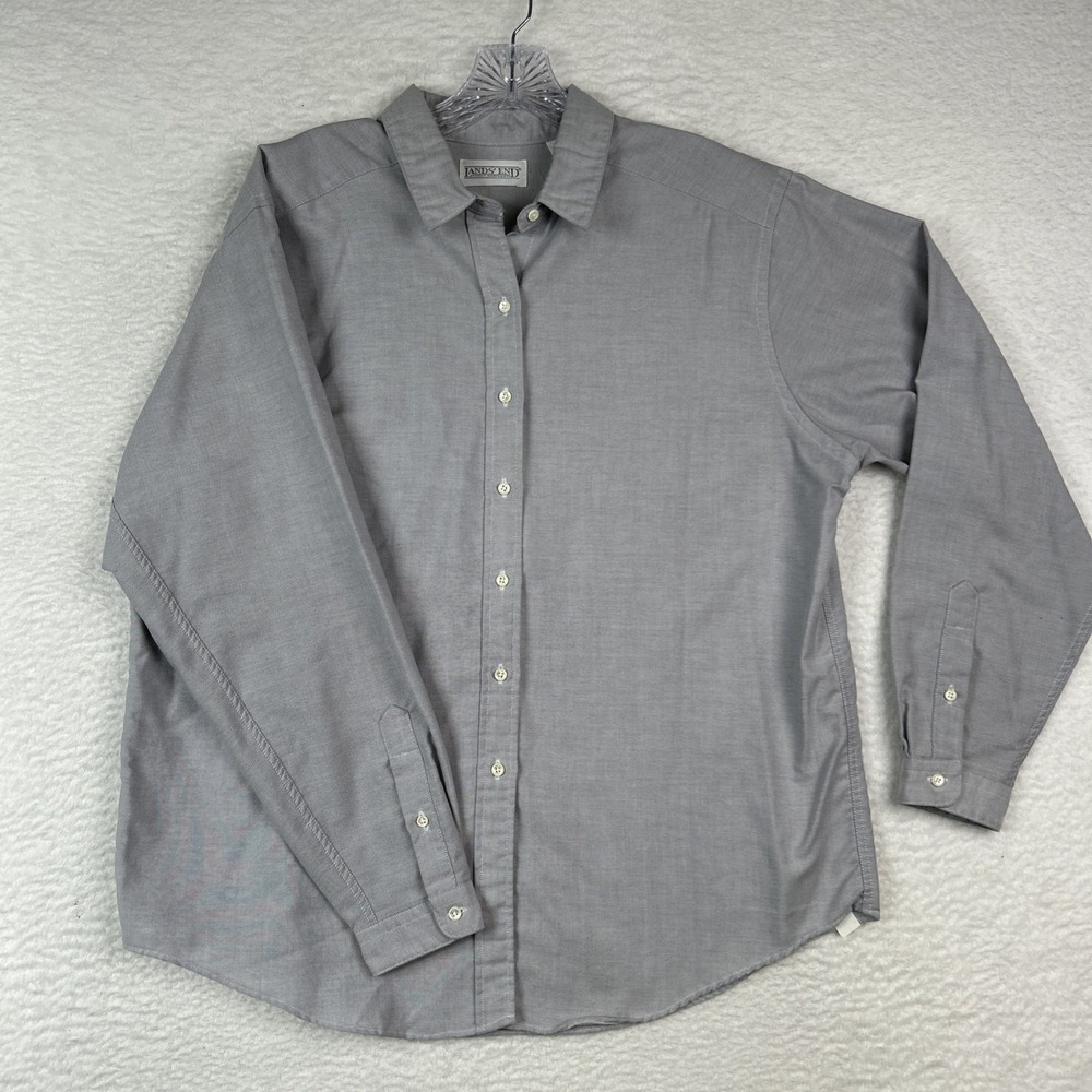 Vintage Womens Lands End Light Gray Button Down Shirt 18 Preppy USA Made